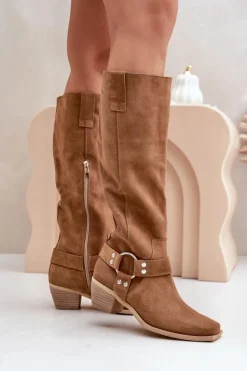 Zamszowe Kozaki Na Niskim Obcasie Z Cholewką Przed Kolano Zazoo 3444/O Camel