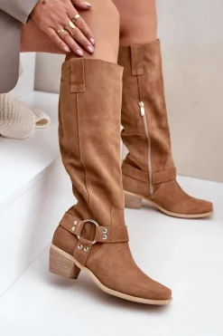 Zamszowe Kozaki Na Niskim Obcasie Z Cholewką Przed Kolano Zazoo 3444/O Camel