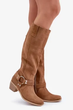 Zamszowe Kozaki Na Niskim Obcasie Z Cholewką Przed Kolano Zazoo 3444/O Camel