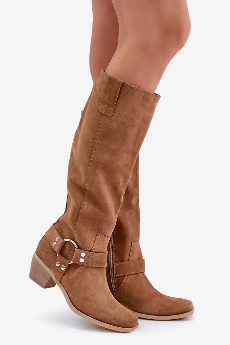 Zamszowe Kozaki Na Niskim Obcasie Z Cholewką Przed Kolano Zazoo 3444/O Camel