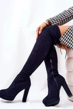 Zamszowe Kozaki Na Obcasie Granatowe Minesa