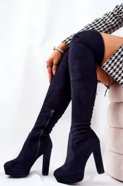Zamszowe Kozaki Na Obcasie Granatowe Minesa