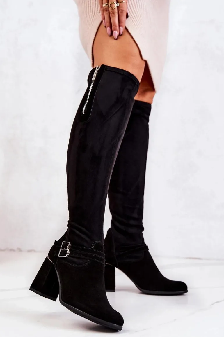 Zamszowe Kozaki Na Obcasie Czarne Arianne