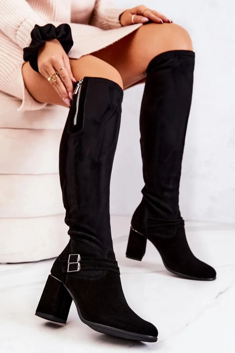 Zamszowe Kozaki Na Obcasie Czarne Arianne