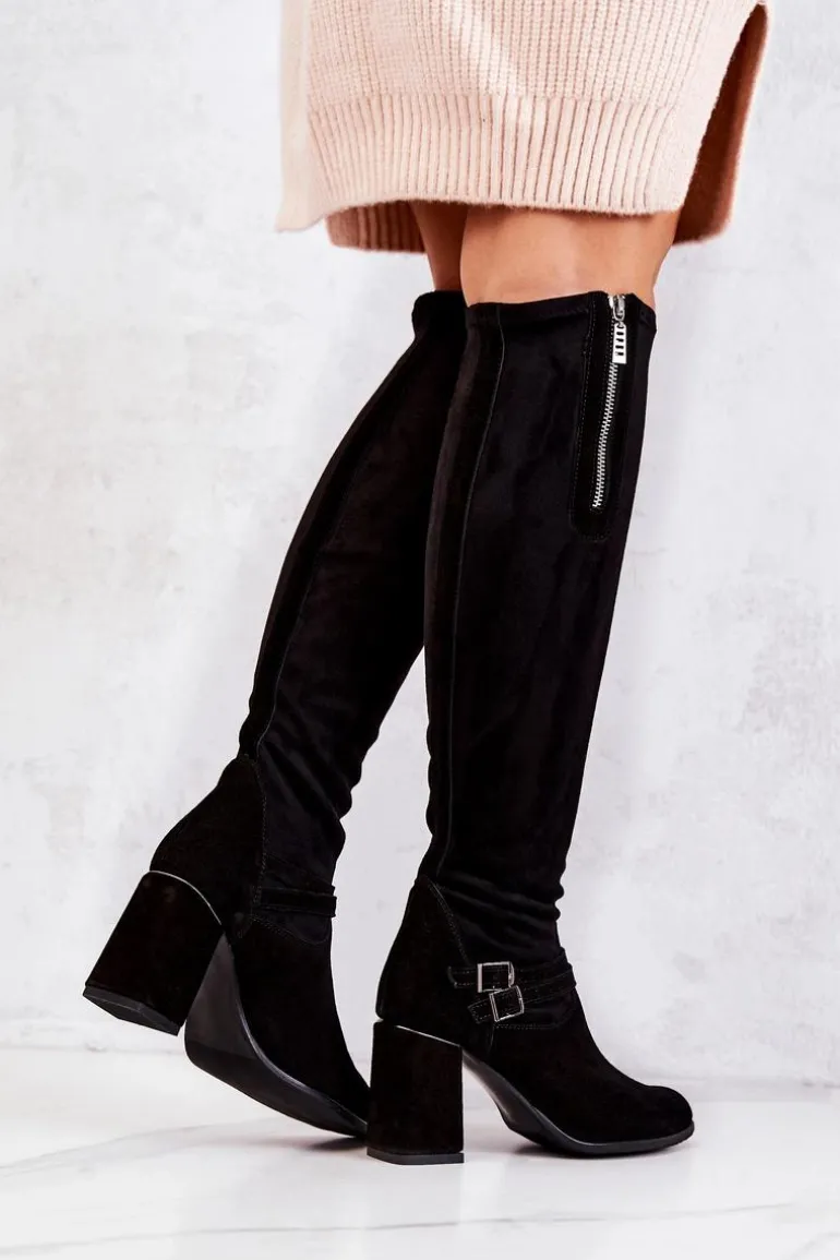 Zamszowe Kozaki Na Obcasie Czarne Arianne