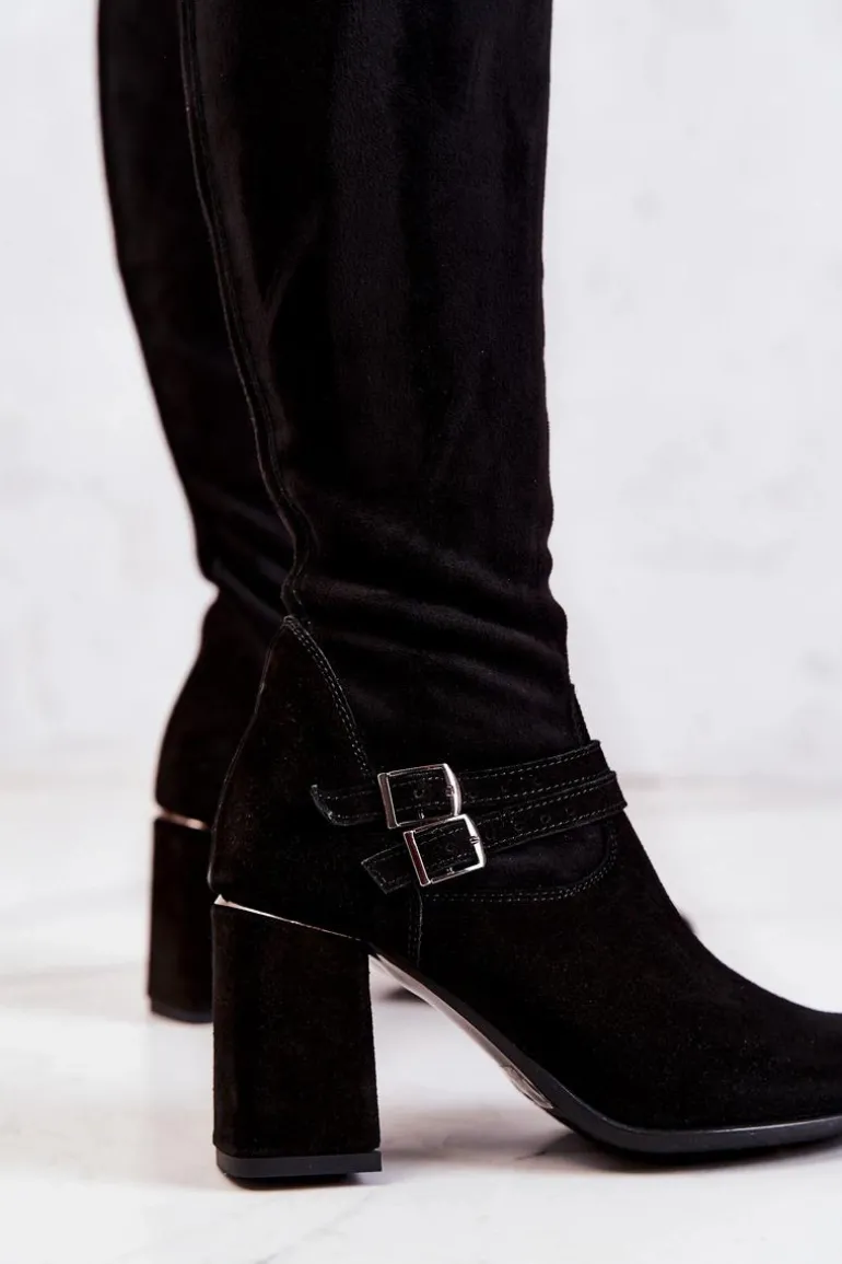 Zamszowe Kozaki Na Obcasie Czarne Arianne