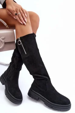 Zamszowe Kozaki Na Płaskim Obcasie I Platformie Czarne Nesina