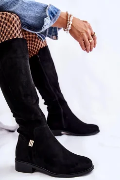 Zamszowe Kozaki Na Płaskim Obcasie Czarne Giulia