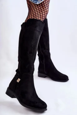 Zamszowe Kozaki Na Płaskim Obcasie Czarne Giulia