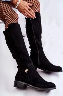 Zamszowe Kozaki Na Płaskim Obcasie Czarne Giulia