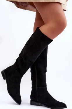 Zamszowe Kozaki Na Płaskim Obcasie Czarne Eelin