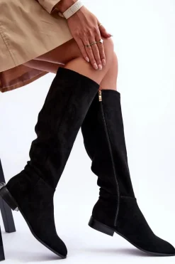 Zamszowe Kozaki Na Płaskim Obcasie Czarne Eelin