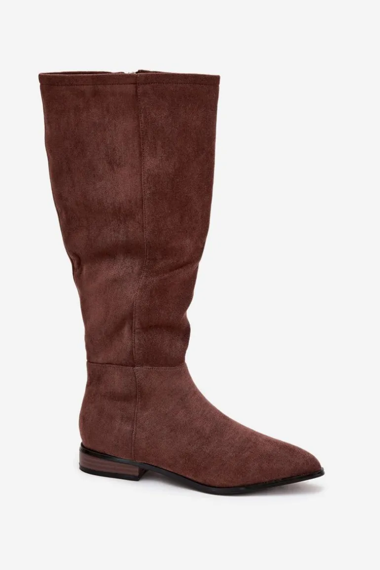Zamszowe Kozaki Na Płaskim Obcasie Brązowe Eelin