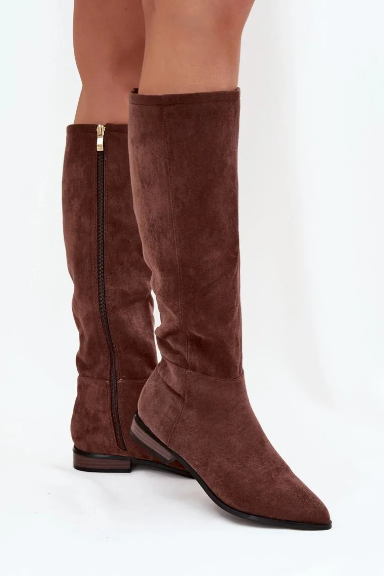 Zamszowe Kozaki Na Płaskim Obcasie Brązowe Eelin