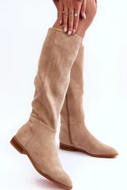 Zamszowe Kozaki Na Płaskim Obcasie Beżowe Eelin