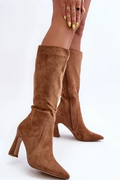 Zamszowe Kozaki Na Słupku Brązowe Adrolio