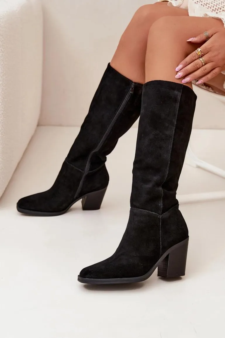 Zamszowe Kozaki Na Słupku Zamek Czarne Lissara