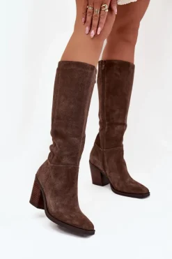 Zamszowe Kozaki Na Słupku Zamek Brązowe Lissara