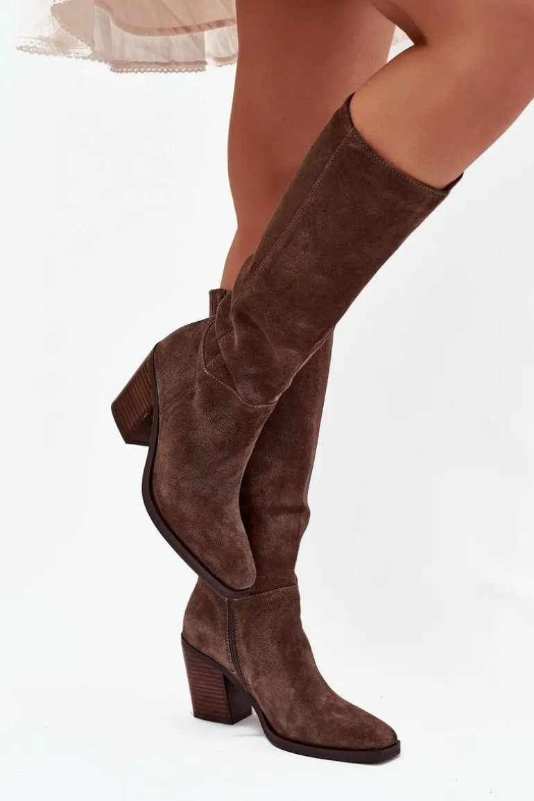 Zamszowe Kozaki Na Słupku Zamek Brązowe Lissara