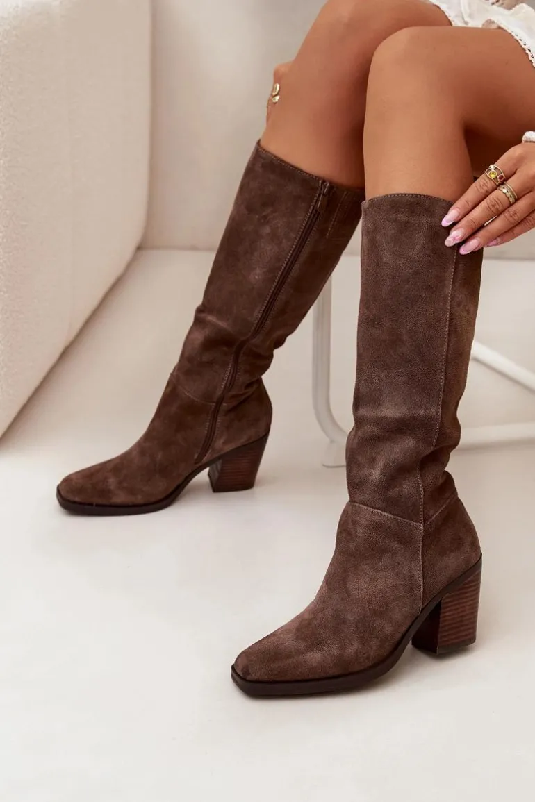 Zamszowe Kozaki Na Słupku Zamek Brązowe Lissara