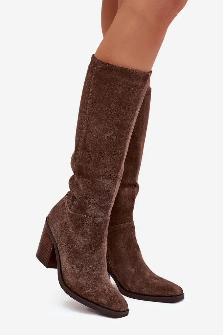 Zamszowe Kozaki Na Słupku Zamek Brązowe Lissara