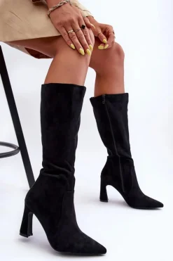 Zamszowe Kozaki Na Słupku Czarne Adrolio