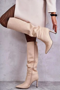 Zamszowe Kozaki Na Szpilce Beżowe Carite