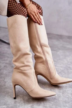 Zamszowe Kozaki Na Szpilce Beżowe Carite