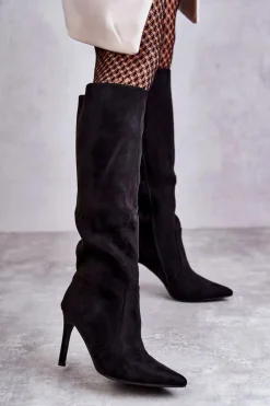 Zamszowe Kozaki Na Szpilce Czarne Carite