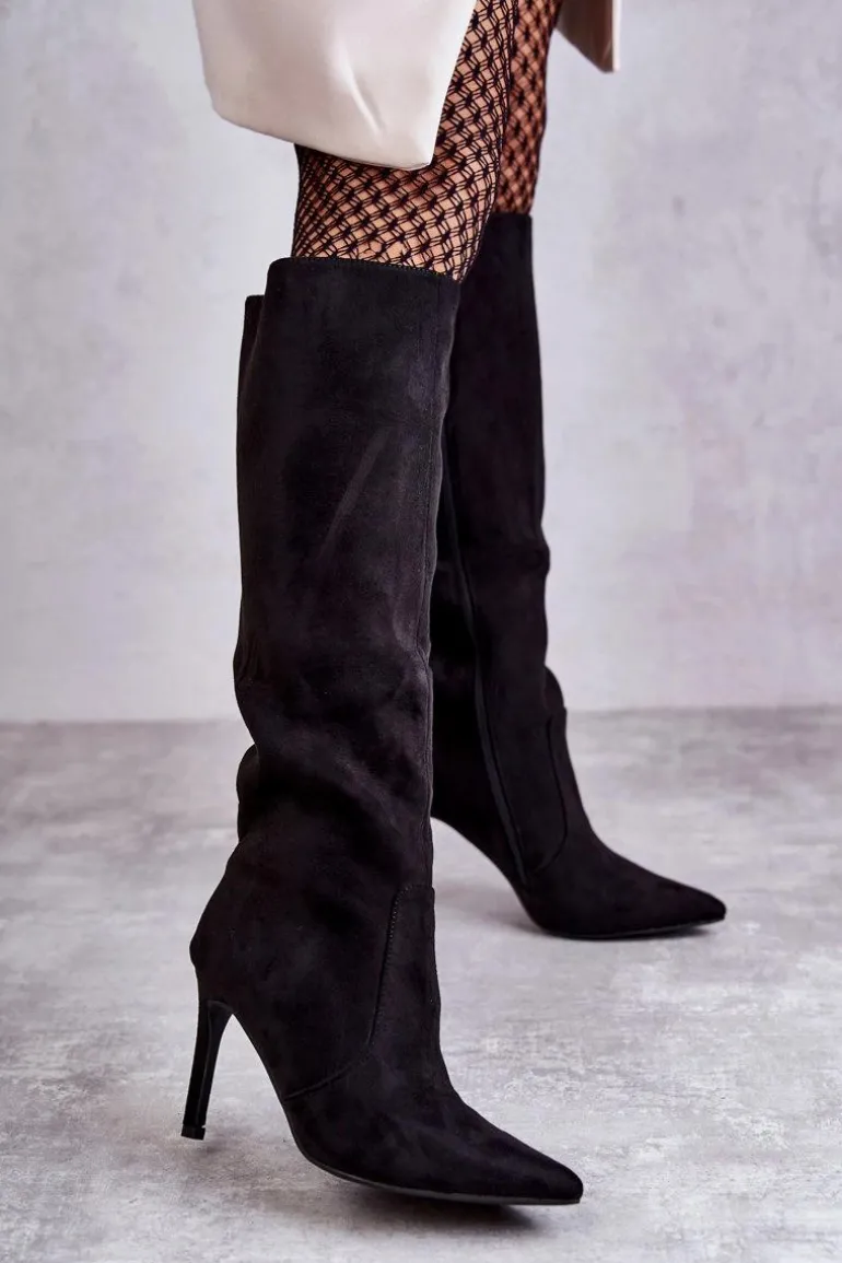 Zamszowe Kozaki Na Szpilce Czarne Carite