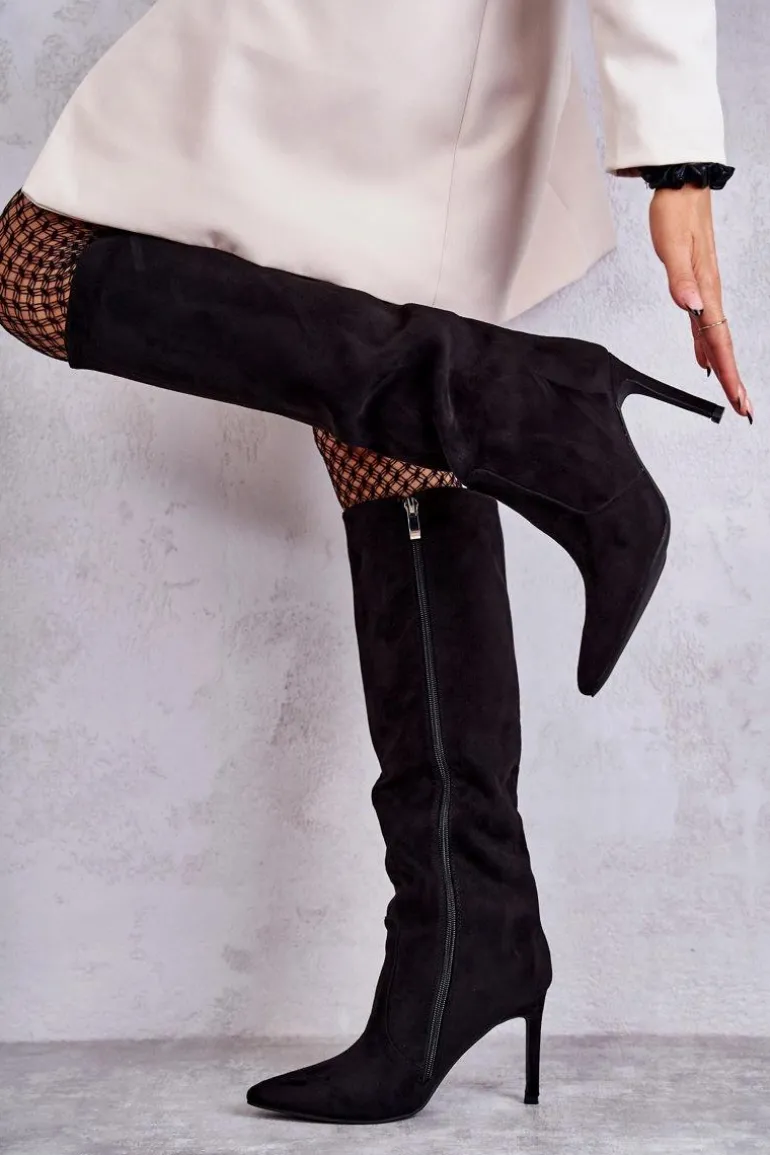Zamszowe Kozaki Na Szpilce Czarne Carite