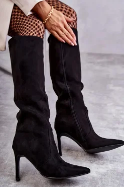 Zamszowe Kozaki Na Szpilce Czarne Carite