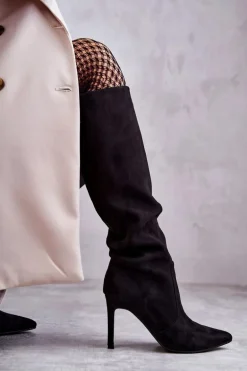 Zamszowe Kozaki Na Szpilce Czarne Carite