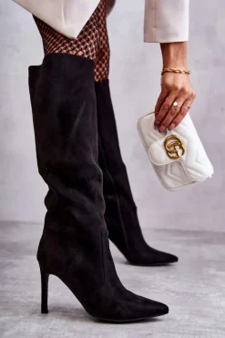 Zamszowe Kozaki Na Szpilce Czarne Carite