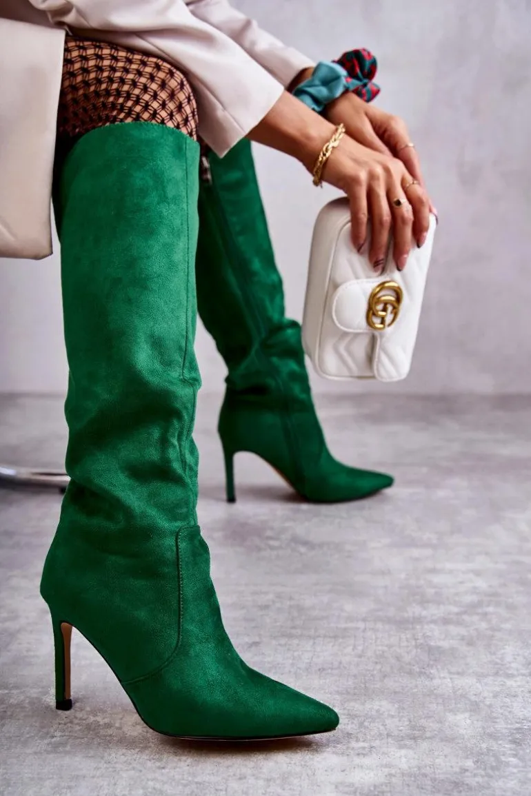 Zamszowe Kozaki Na Szpilce Zielone Carite