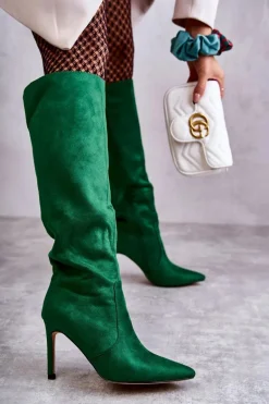 Zamszowe Kozaki Na Szpilce Zielone Carite