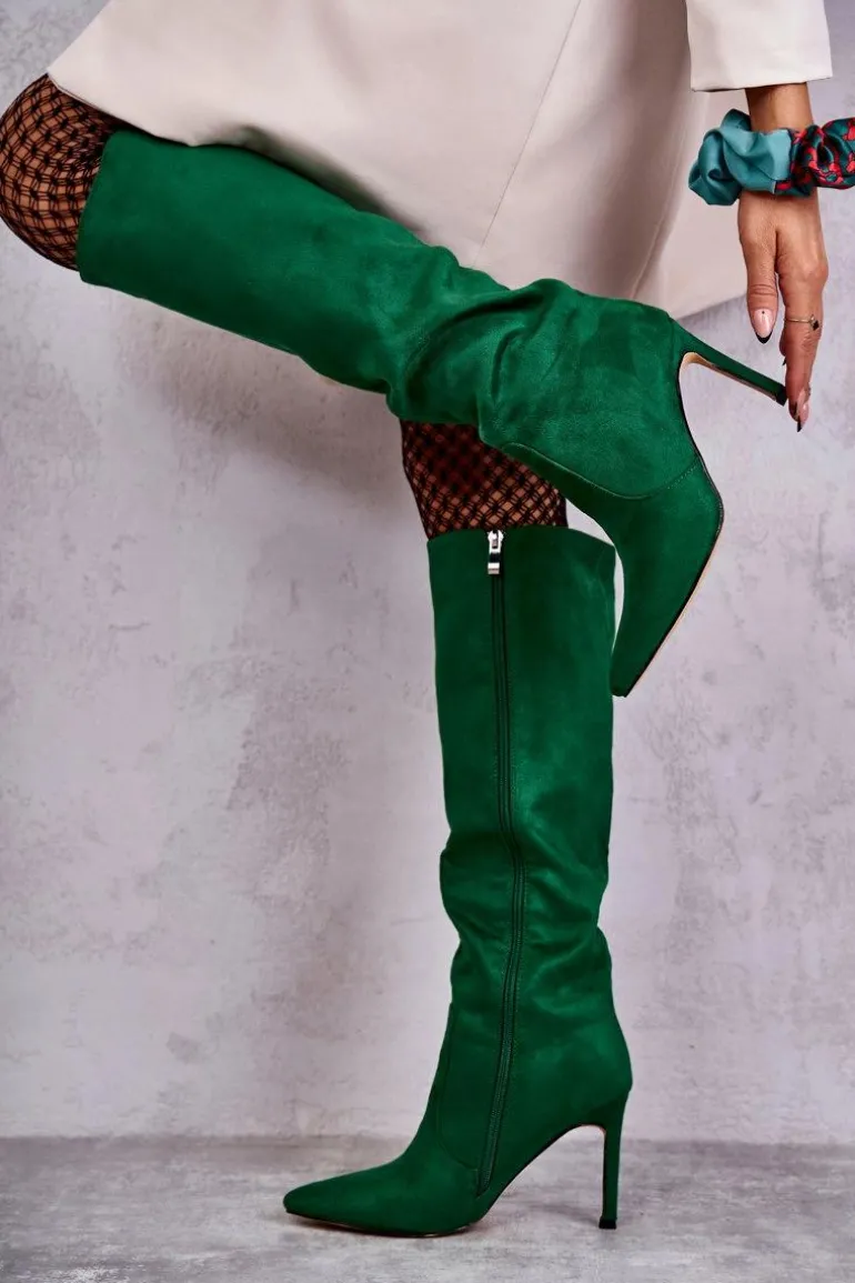 Zamszowe Kozaki Na Szpilce Zielone Carite