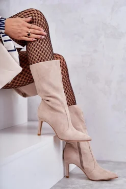 Zamszowe Kozaki Na Szpilce Beżowe Arison