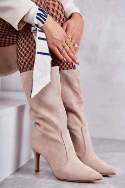 Zamszowe Kozaki Na Szpilce Beżowe Arison