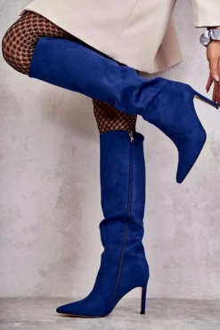 Zamszowe Kozaki Na Szpilce Niebieskie Carite