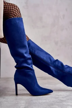 Zamszowe Kozaki Na Szpilce Niebieskie Carite