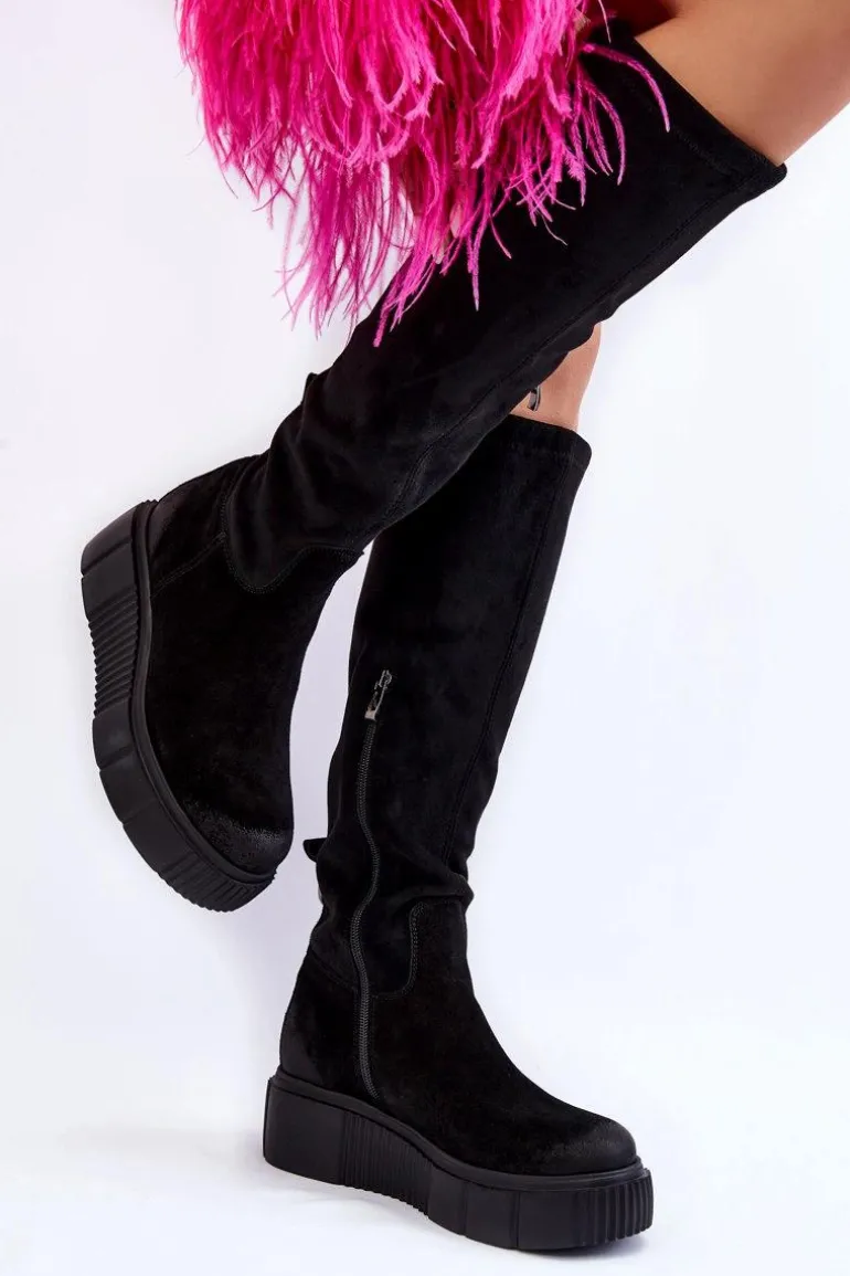 Zamszowe Kozaki Przed Kolano Na Platformie Czarne Lemar Spectrum