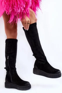 Zamszowe Kozaki Przed Kolano Na Platformie Czarne Lemar Spectrum