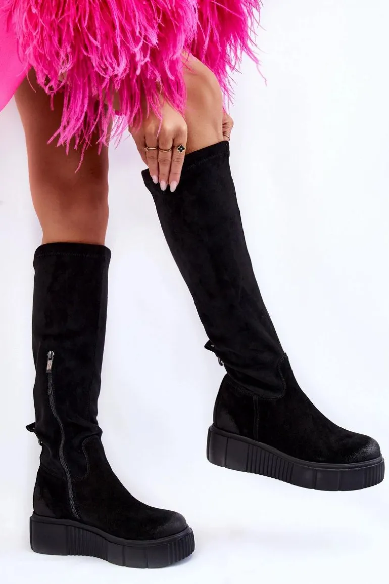 Zamszowe Kozaki Przed Kolano Na Platformie Czarne Lemar Spectrum