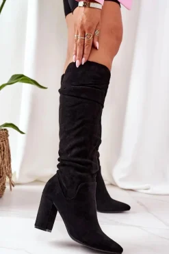 Zamszowe Kozaki W Szpic Czarne Impressing