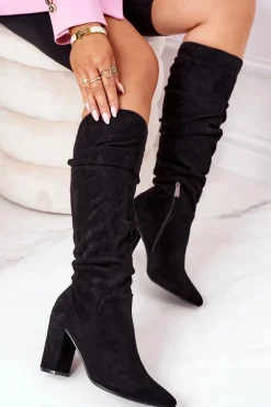 Zamszowe Kozaki W Szpic Czarne Impressing