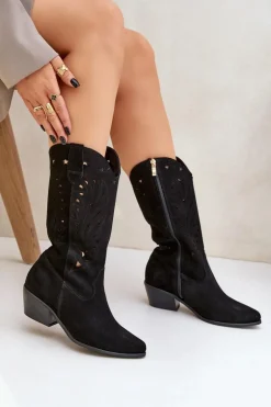 Zamszowe Kozaki Z Ażurową Cholewką Zazoo 3609 Czarne