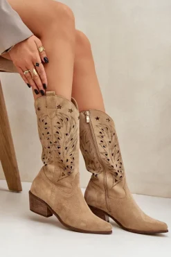 Zamszowe Kozaki Z Ażurową Cholewką Zazoo 3714 Beżowe