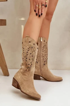 Zamszowe Kozaki Z Ażurową Cholewką Zazoo 3714 Beżowe