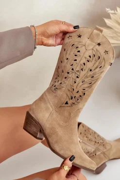 Zamszowe Kozaki Z Ażurową Cholewką Zazoo 3714 Beżowe